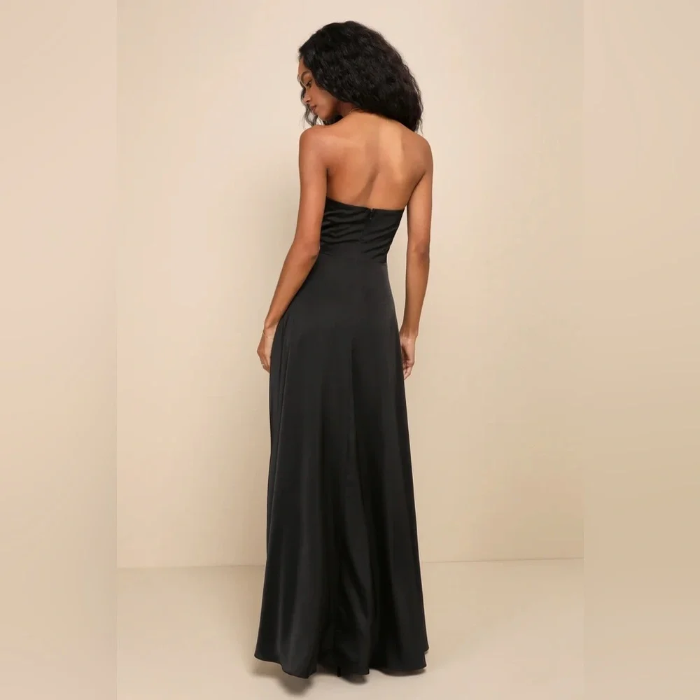 NEW Lulu’s Upscale Poise Black Satin Bow Strapless Maxi Dress Black